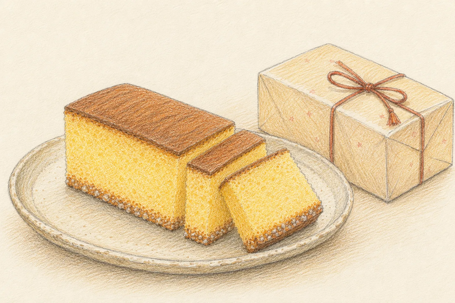 Colored-pencil illustration of sliced Nagasaki castella and a wrapped gift box
