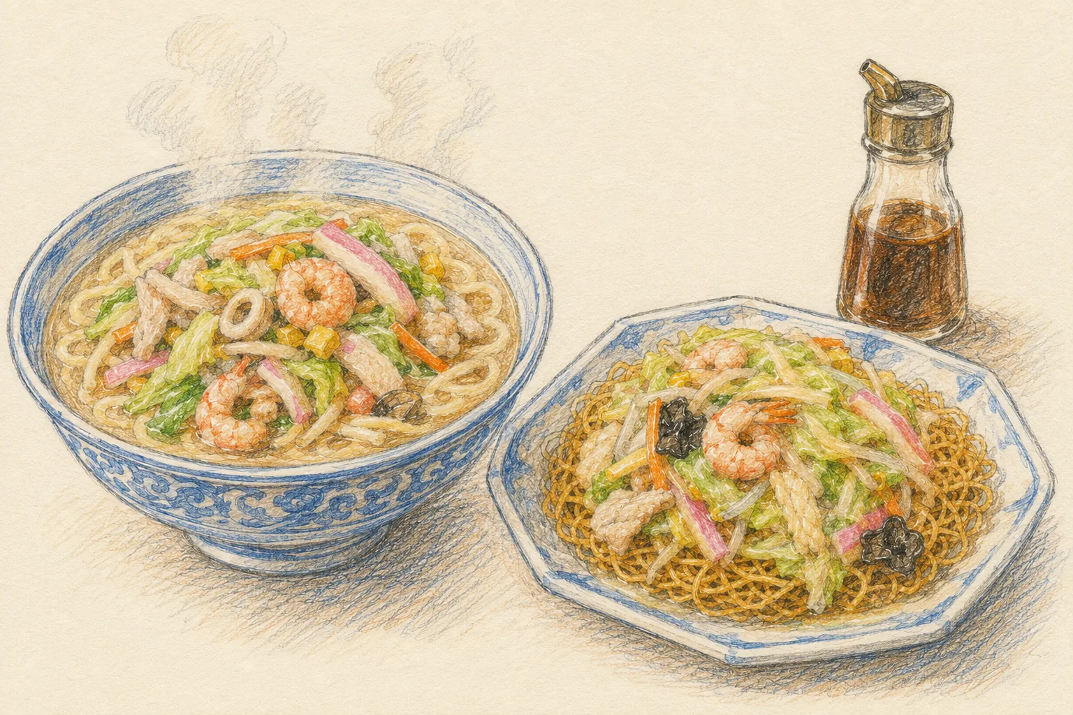 Colored-pencil illustration of Nagasaki champon, crisp sara udon, and a sauce bottle