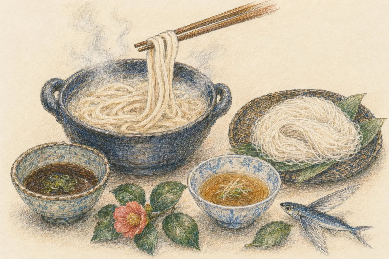 Colored-pencil illustration comparing hot-pot Goto udon with thin Shimabara somen