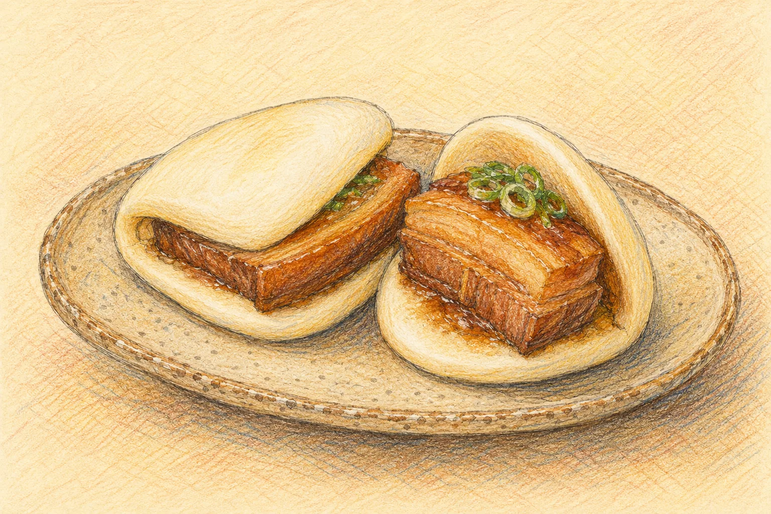 Colored-pencil illustration of two Nagasaki kakuni manju with braised pork in steamed buns