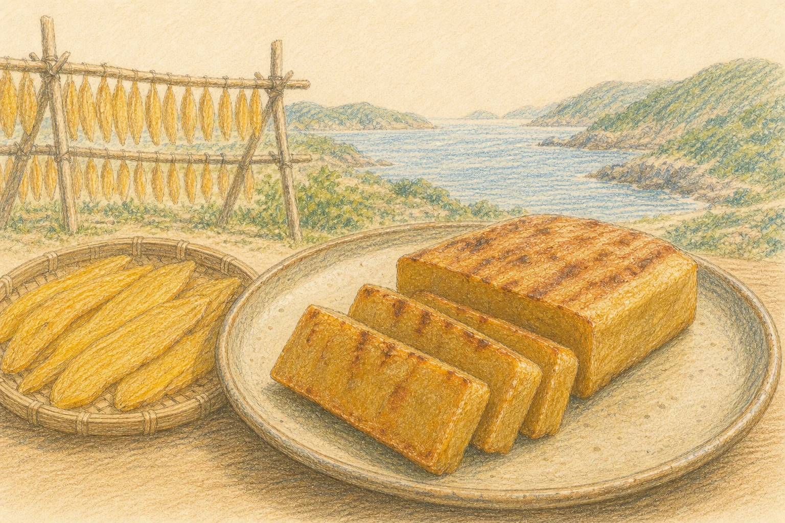 Colored-pencil illustration of sliced kankoro mochi, sun-dried sweet potato, and the Goto coast