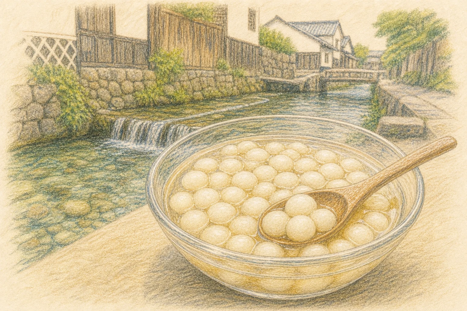 Colored-pencil illustration of Shimabara kanzarashi beside a clear spring-water channel
