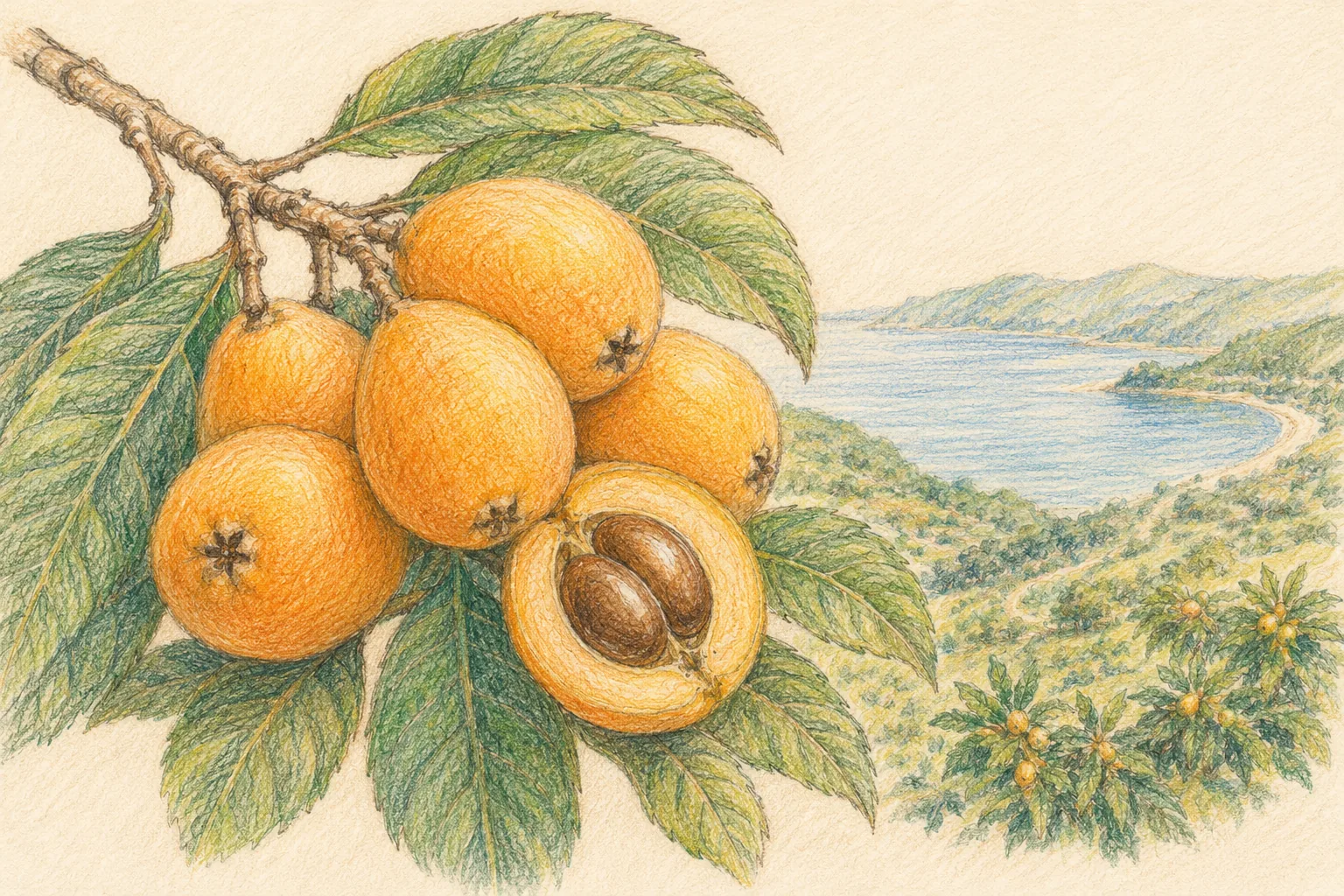 Colored-pencil illustration of ripe Mogi loquats above the coast of Tachibana Bay