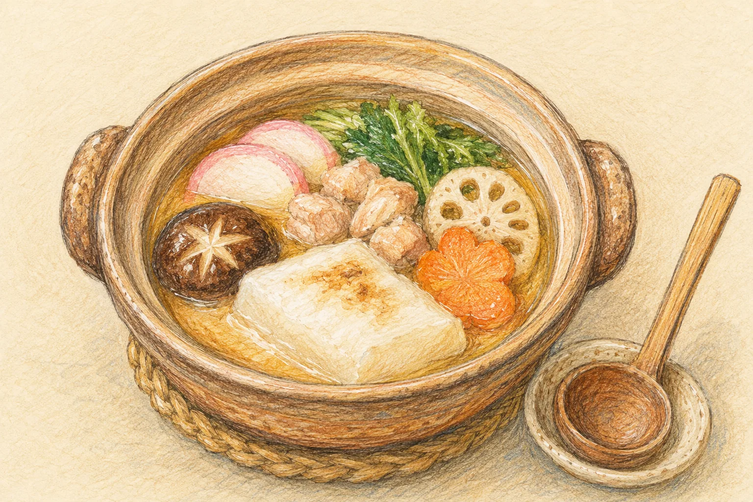Colored-pencil illustration of Shimabara gu-zoni with mochi and vegetables in an earthenware pot