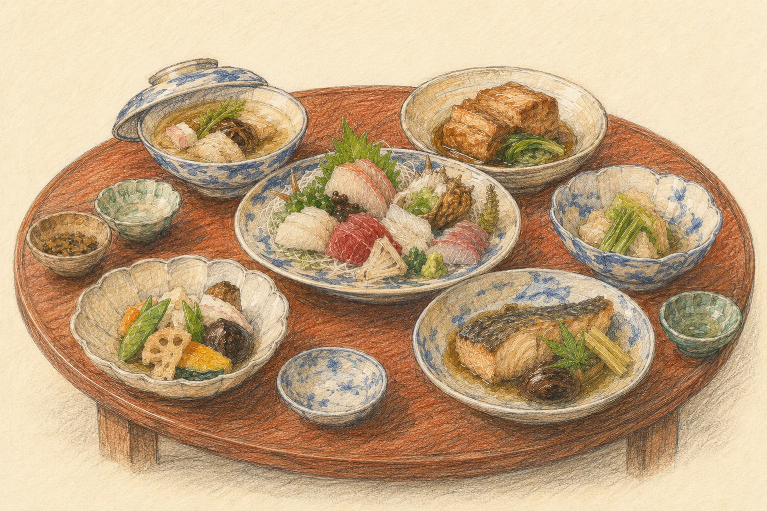 Colored-pencil illustration of shippoku dishes shared around a round table
